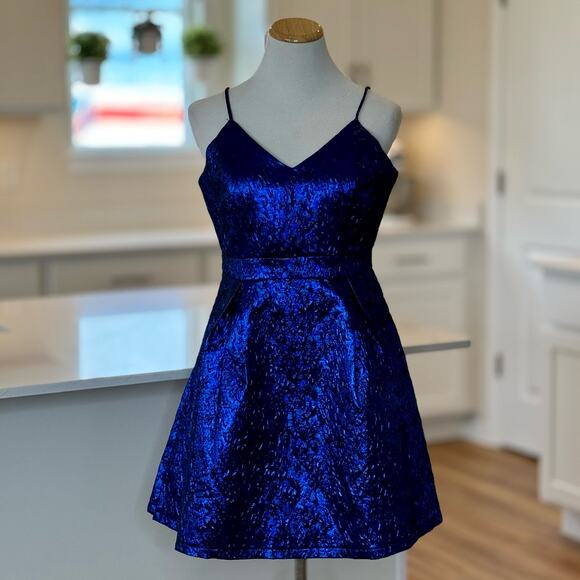 Lulu's | Spin the Night Blue Jacquard Sleeveless Mini Skater Dress - Picture 2 of 6
